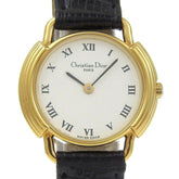 Christian Dior watch, model 58.121.2, gold-plated leather strap, gold quartz, analog, white dial, women's — Very Good