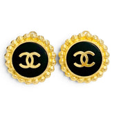 CHANEL Vintage 95A Coco Mark Bicolor Earrings, Gold and Black, Made in France, Women's, with Box. (Pair) — Like New