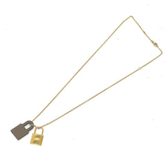 HERMES O'Kelly PM Necklace with Padlock Motif, GP Swift Leather, Etoupe Brown, Like New — Like New