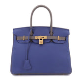 Hermes Birkin 30, Togo leather, Personal SPO, Blue Electric/Etoupe, Handbag, Matte Gold Hardware, D Stamp — Like New