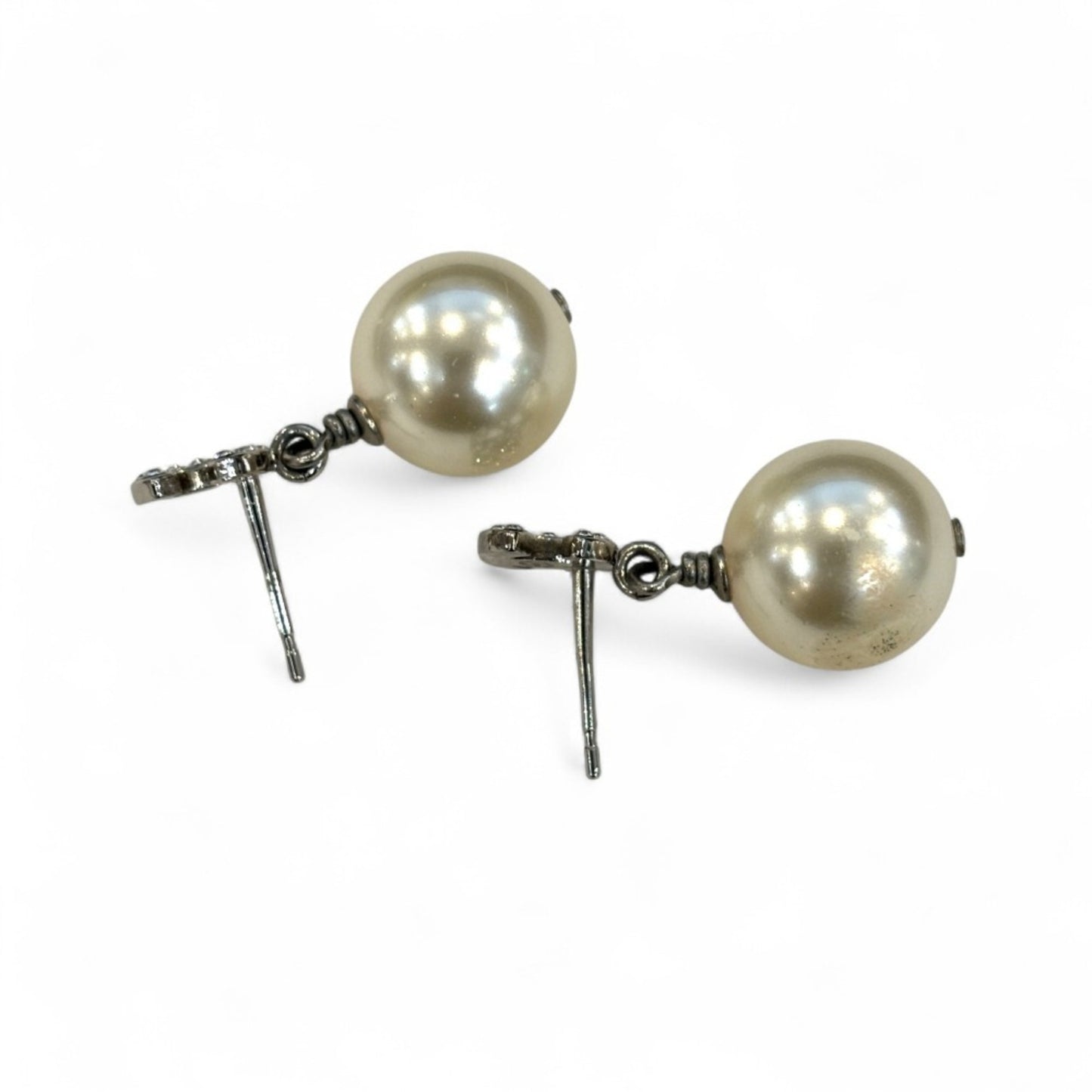 Chanel Faux Pearl & Rhinestone Coco Mark Stud Earrings in White and Silver
