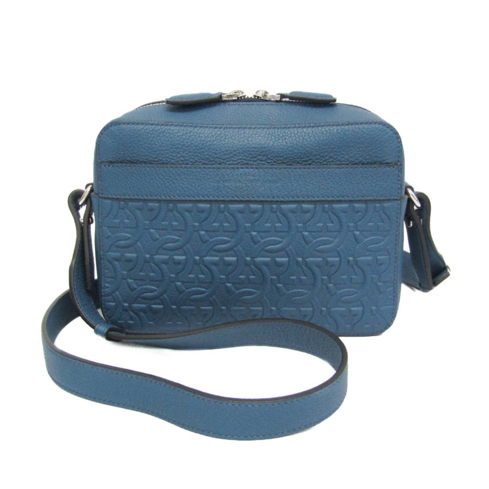 Salvatore Ferragamo Gancini GG-24 1204 Men's Leather Clutch Bag,Shoulder Bag Blue — Like New