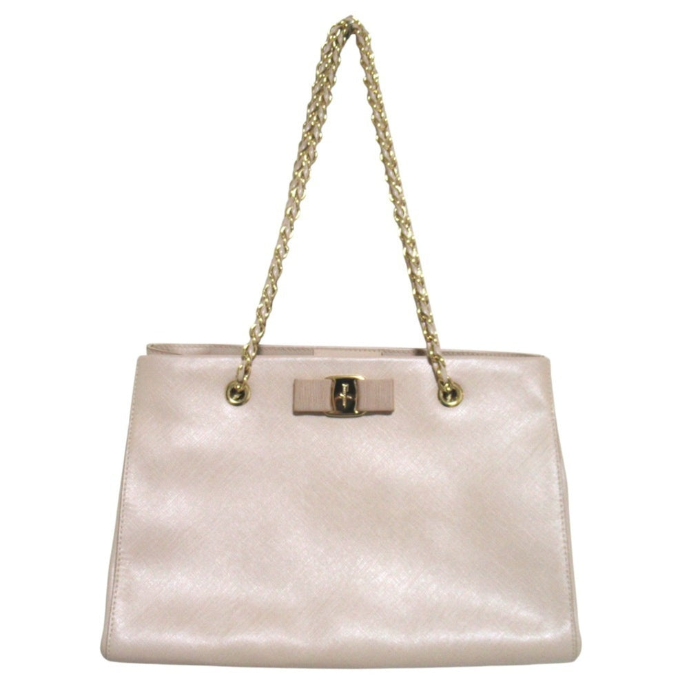 Salvatore Ferragamo Vara Ribbon Chain Tote Bag Shoulder Beige x Gold Hardware Women's — Like New