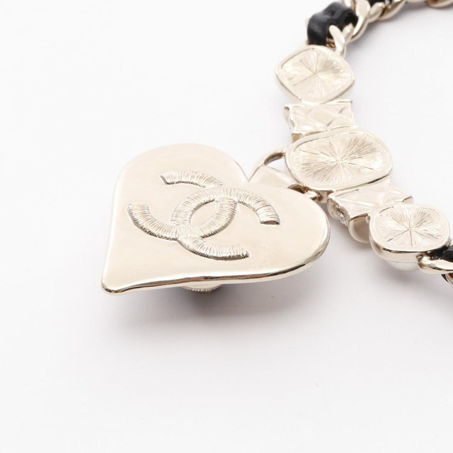 Chanel Coco Mark Heart Necklace, Gold-Plated Leather with Faux Pearl and Rhinestones, Women's, Gold Black