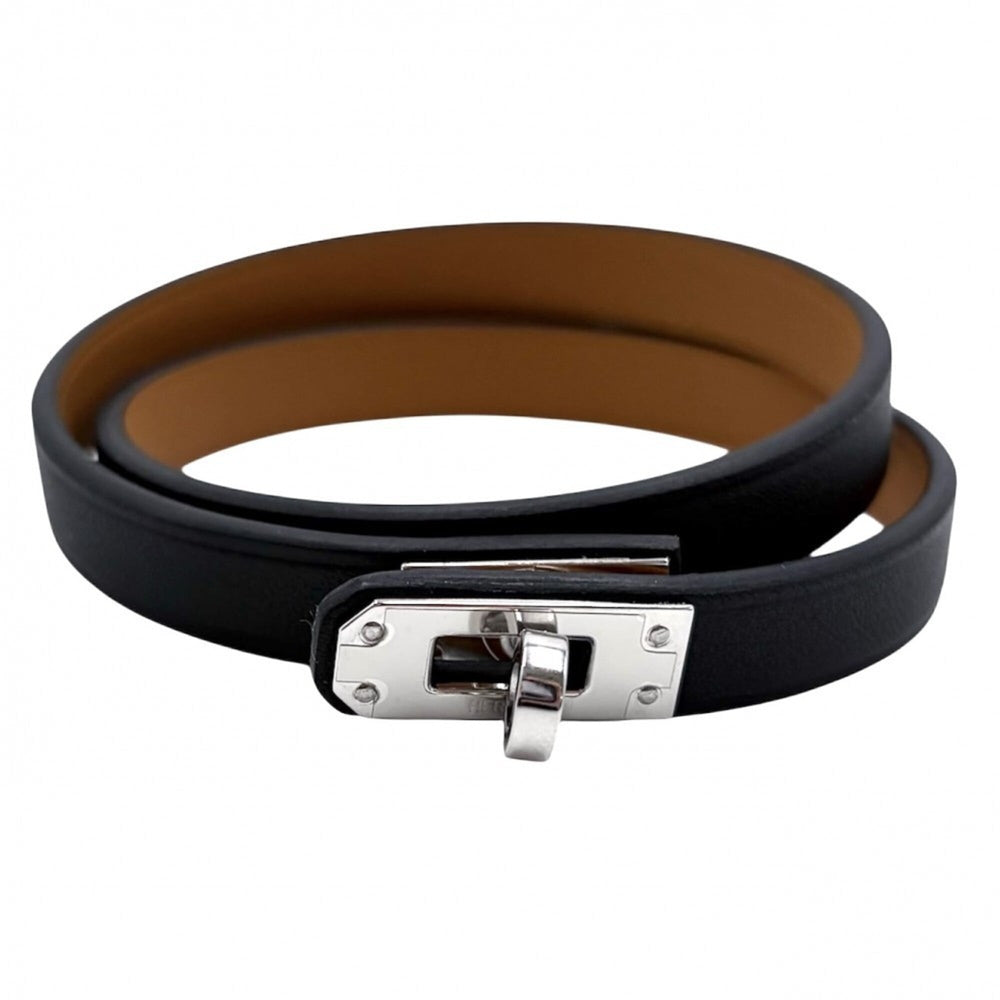 Hermes Double Tour Kelly Bracelet for Women, Leather, K Stamp, Black/Brown, Silver Hardware, 2025 Model — Like New