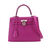 Hermes Kelly 25 Epsom Rose Purple 2-way Handbag Shoulder Bag with external stitching, C stamp, silver hardware — Like New