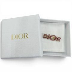 Christian Dior DIOR logo rhinestone brooch, pink with gold hardware, women's accessory, comes box and dust bag — Like New