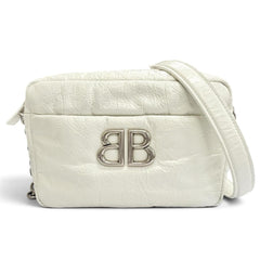 BALENCIAGA 806459 MONACO Arena Calfskin Chain Shoulder Bag, White with Silver Hardware, Women's, Dust Bag — Like New