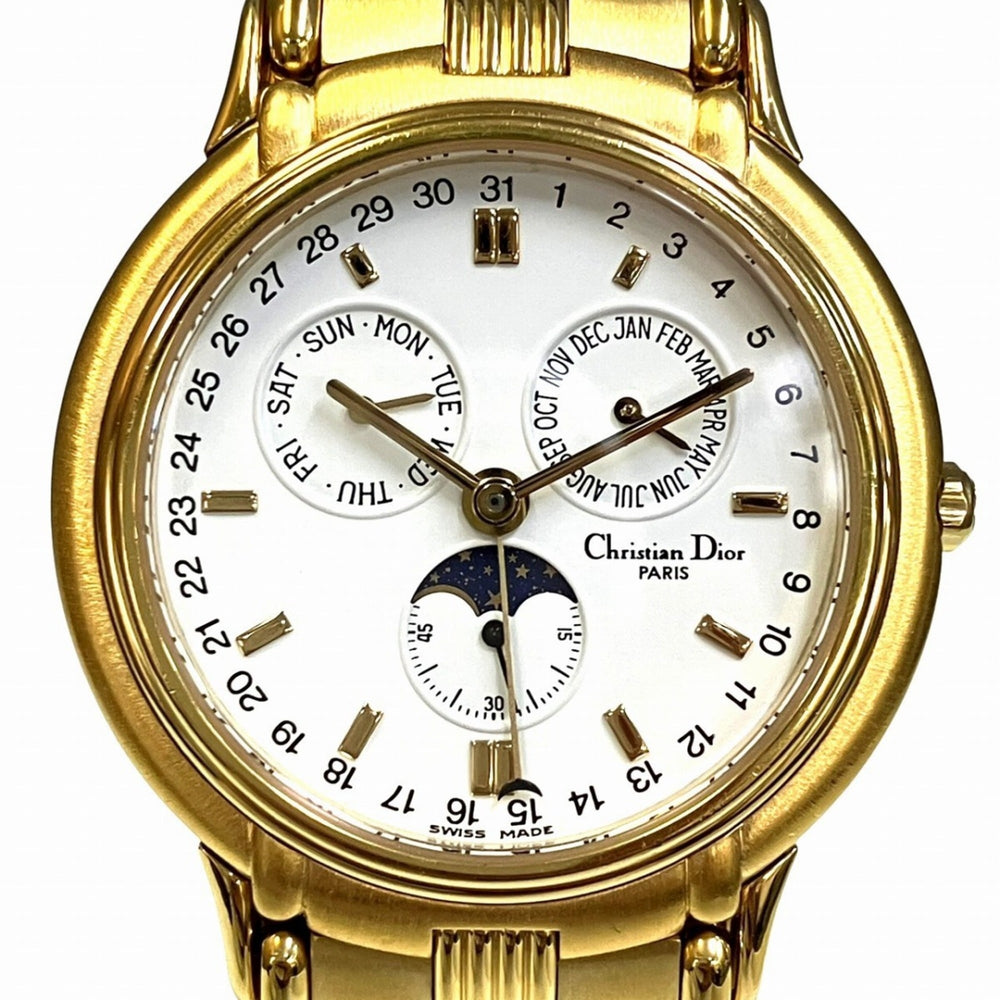 Christian Dior Moon Phase Triple Calendar Watch, Total Weight 70.6g, GP (Gold Plated) finish, Quartz movement, White dial, Item No. 61.271 — Good
