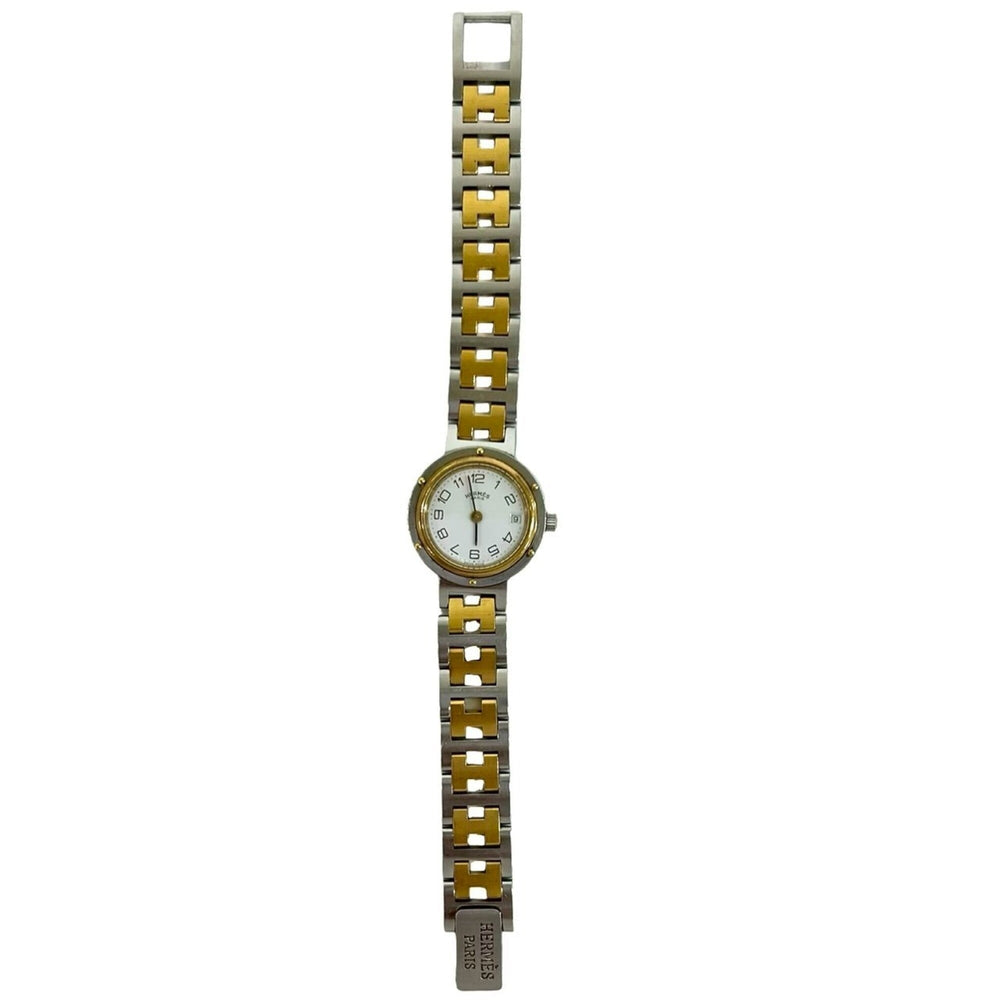 HERMES Vintage Clipper Logo Engraved Stainless Steel GP Wristwatch Silver Gold 40594 — Good