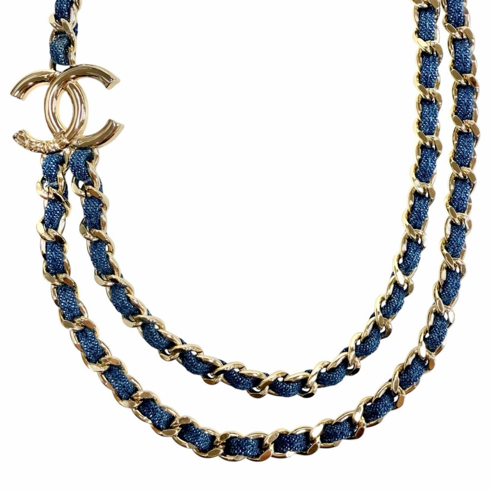 CHANEL B25P ABF163 Coco Mark Double Chain Necklace, Blue with Gold Hardware, Made in Italy, Women's — Like New
