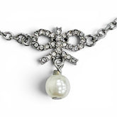 Christian Dior DIOR CD logo ribbon motif rhinestone faux pearl necklace accessory, silver, for women — Like New