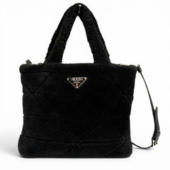 PRADA 1BG378 Triangle Logo 2-Way Shearling Fur Shoulder Bag with Pouch, Black, Made in Italy, Women's, Dust — Like New