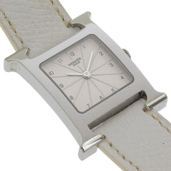 Hermès H Watch Double Tour HH1.210, stainless steel and smooth leather, made in France, 2012, silver P quartz movement, analog display, white dial, Heure watch for women — Good