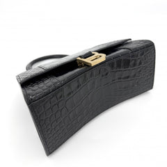 Balenciaga Women's Hourglass Small Handbag Shoulder Bag Crossbody HOURGLASS Crocodile Embossed Leather Top Handle BALENCIAGA 593546 Black Antique Gold Hardware — Like New