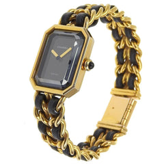 CHANEL Premiere L Watch, Gold-plated x Leather, Quartz, Analog Display, Black Dial, L, Women's — Good