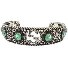 GUCCI AG925 Rhinestone Crystal Floral Interlocking G Bangle Bracelet, Silver Green, Size 16, Made in Italy, Weight 26.2g, Men's — Like New