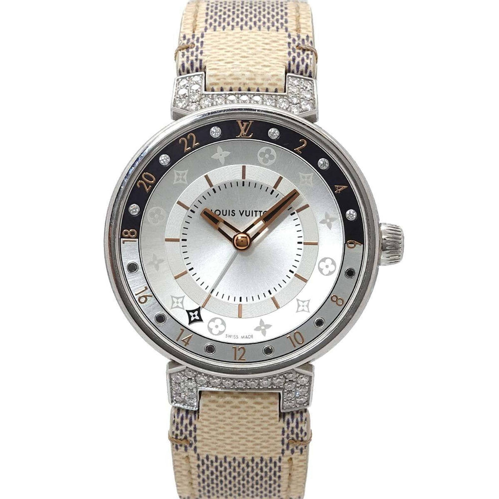 Louis Vuitton Tambour Moon Dual Time MM GMT QA108 Ladies' Watch with 12 Diamond Lugs, Black Diamonds, Silver, Quartz Movement — Very Good
