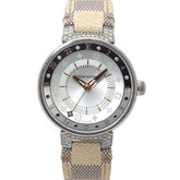 Louis Vuitton Tambour Moon Dual Time MM GMT QA108 Ladies' Watch with 12 Diamond Lugs, Black Diamonds, Silver, Quartz Movement — Very Good