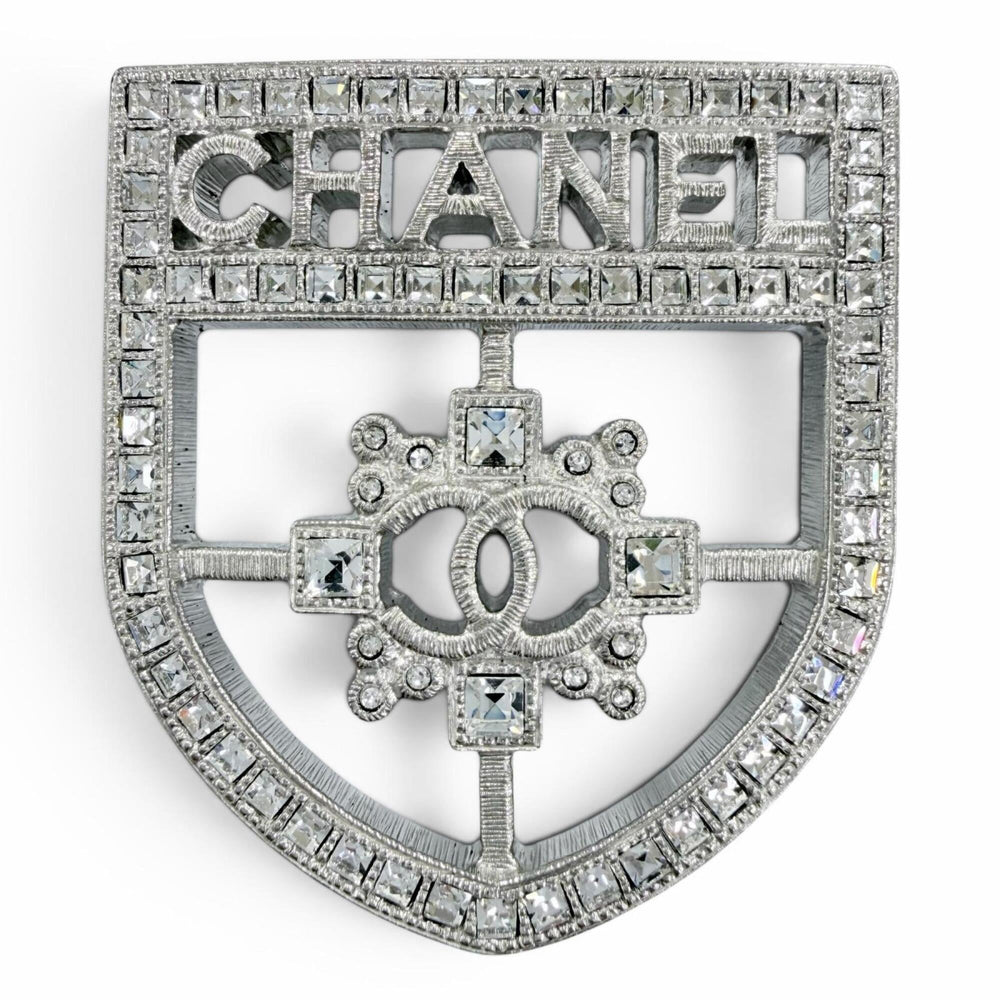 CHANEL B15B Emblem Logo Coco Mark Rhinestone Brooch, Silver, Made in Italy, Women's, with Box — Like New