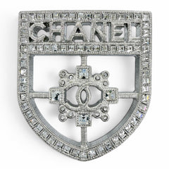 CHANEL B15B Emblem Logo Coco Mark Rhinestone Brooch, Silver, Made in Italy, Women's, with Box — Like New