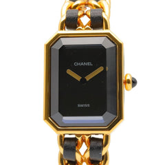 CHANEL Premiere M Watch, Gold-Plated, with Leather Strap, Black, Women's, H0001 — Very Good