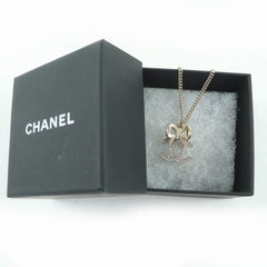 CHANEL B24K Coco Mark Ribbon Rhinestone Necklace, Champagne Gold, with Box, Made in Italy, Women's — Like New