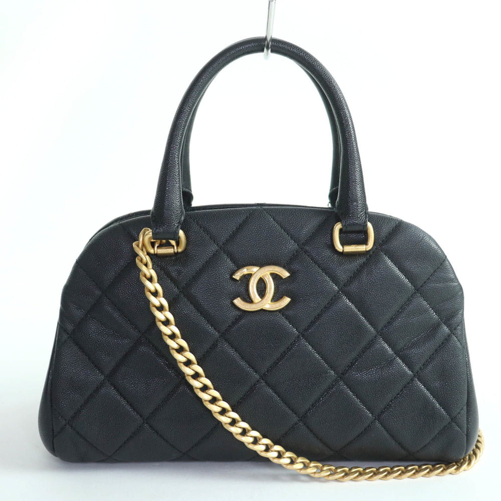 CHANEL AS3893 Caviar Skin Matelassé Coco Mark 2-Way Bowling Bag Handbag Black Gold Hardware Comes with Box and Dust Made in Italy Women's — Like New
