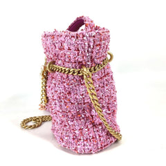 CHANEL 2022SS CC Coco Mark Chain Bucket-Shaped Pochette, 2-Way Handbag/Shoulder Bag, Tweed, Women's, Pink — Like New