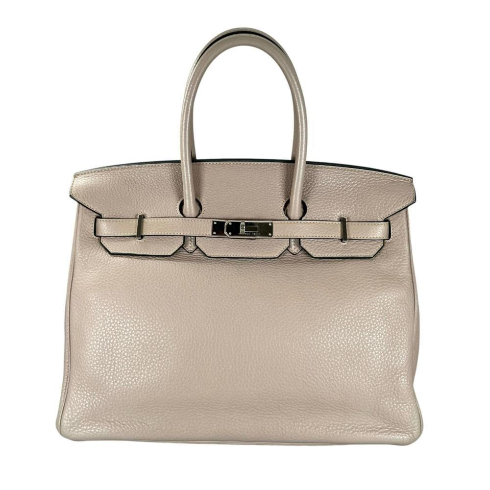 Hermes Birkin 35 handbag for women, with shield hardware, HERMES □P stamp, Taurillon leather, beige, 2012 model — Like New