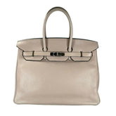 Hermes Birkin 35 handbag for women, with shield hardware, HERMES □P stamp, Taurillon leather, beige, 2012 model — Like New