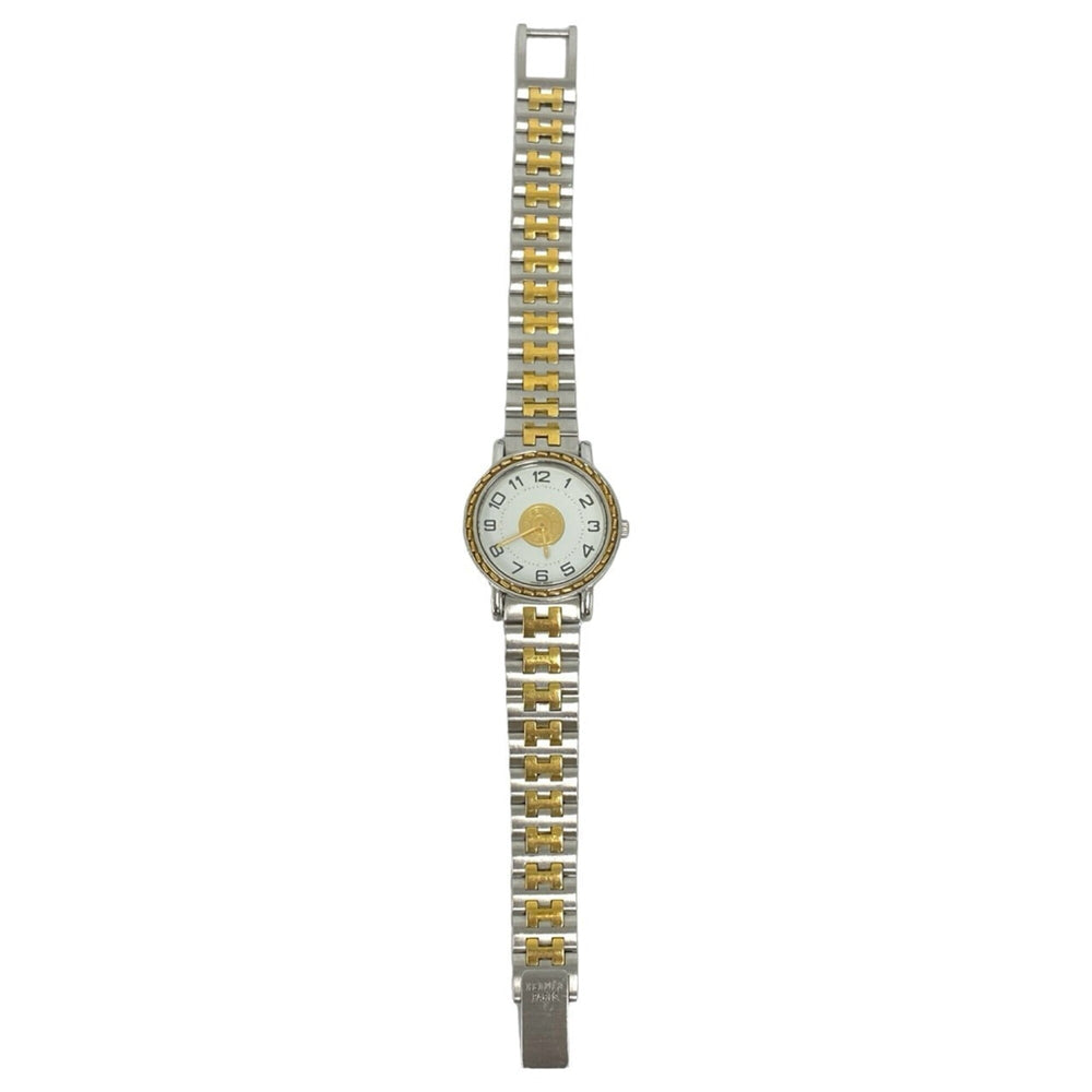 HERMES Vintage Sellier Stainless Steel GP Wristwatch Silver Gold 79642 — Good