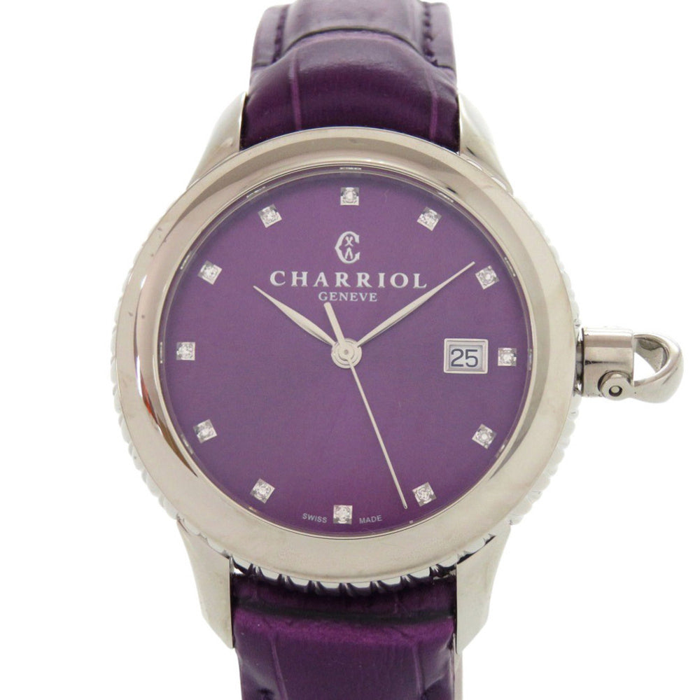 Unused Charriol Columbus 12-Piece Diamond Watch CO36QS.369.003, Stainless Steel Embossed Leather, Purple Dial, Quartz Movement, 0596 CHARRIOL — New - Store Return