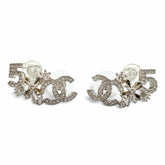 CHANEL B23P Coco Mark No. 5 Clover Rhinestone Earrings, Silver, Made in Italy, 2023 Model, Women's, with Box — Like New