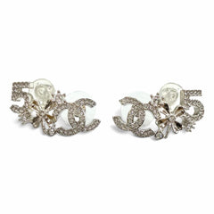 CHANEL B23P Coco Mark No. 5 Clover Rhinestone Earrings, Silver, Made in Italy, 2023 Model, Women's, with Box — Like New