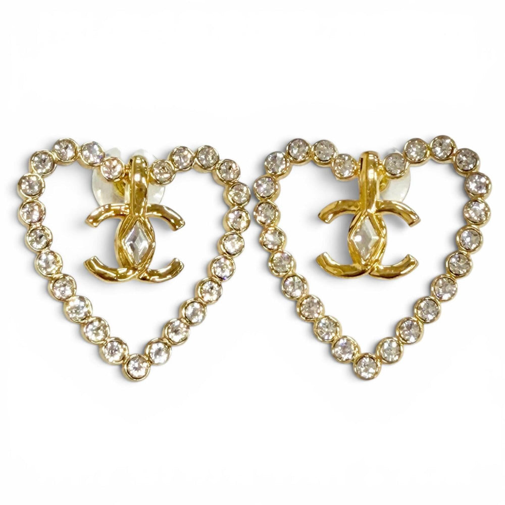 CHANEL L23C AB9926 Coco Mark Heart Crystal Rhinestone Earrings (Pair) Gold, Made in Italy, Women's, with Box — Like New
