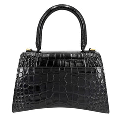Balenciaga Women's Hourglass Small Handbag Shoulder Bag Crossbody HOURGLASS Crocodile Embossed Leather Top Handle BALENCIAGA 593546 Black Antique Gold Hardware — Like New