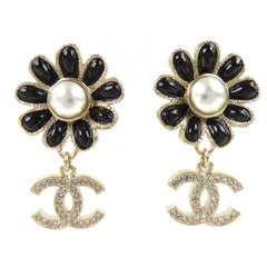 CHANEL A22K GP Coco Mark Flower Rhinestone Faux Pearl Swing Earrings (Pair) Gold Black Made in France Women's Stylish and Cute Recommended ◎ — Like New