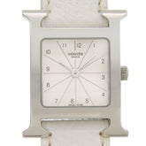 Hermès H Watch Double Tour HH1.210, stainless steel and smooth leather, made in France, 2012, silver P quartz movement, analog display, white dial, Heure watch for women — Good