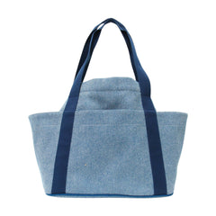 HERMES Animaux Natte Tote Bag, Embroidered Animal Motif, Snap Button Closure, Drawstring, Wool Cotton, Blue Pants, Women's — Like New