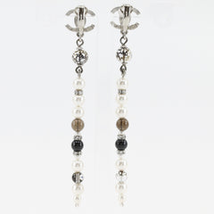 Chanel Coco Mark Earrings, Long, Metal x Faux Pearl Rhinestone, 2019 Model, Silver, A19K Gold, Approx. 11.0g, Women's — Like New