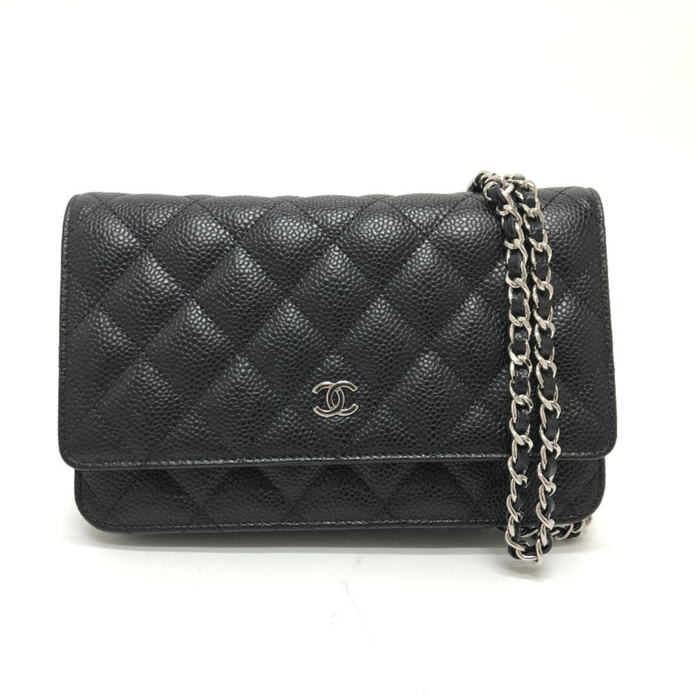 CHANEL AP0250 Matelasse Coco Mark Classic Chain Wallet Shoulder Bag Caviar Skin Women's Silver Hardware Black — New - Store Return
