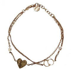 Christian Dior Dior Clair D Lune Double Strand Bracelet for Women, Heart Design, Adjustable, Rhinestone, Pink Gold, Approx. 4.0g — Like New