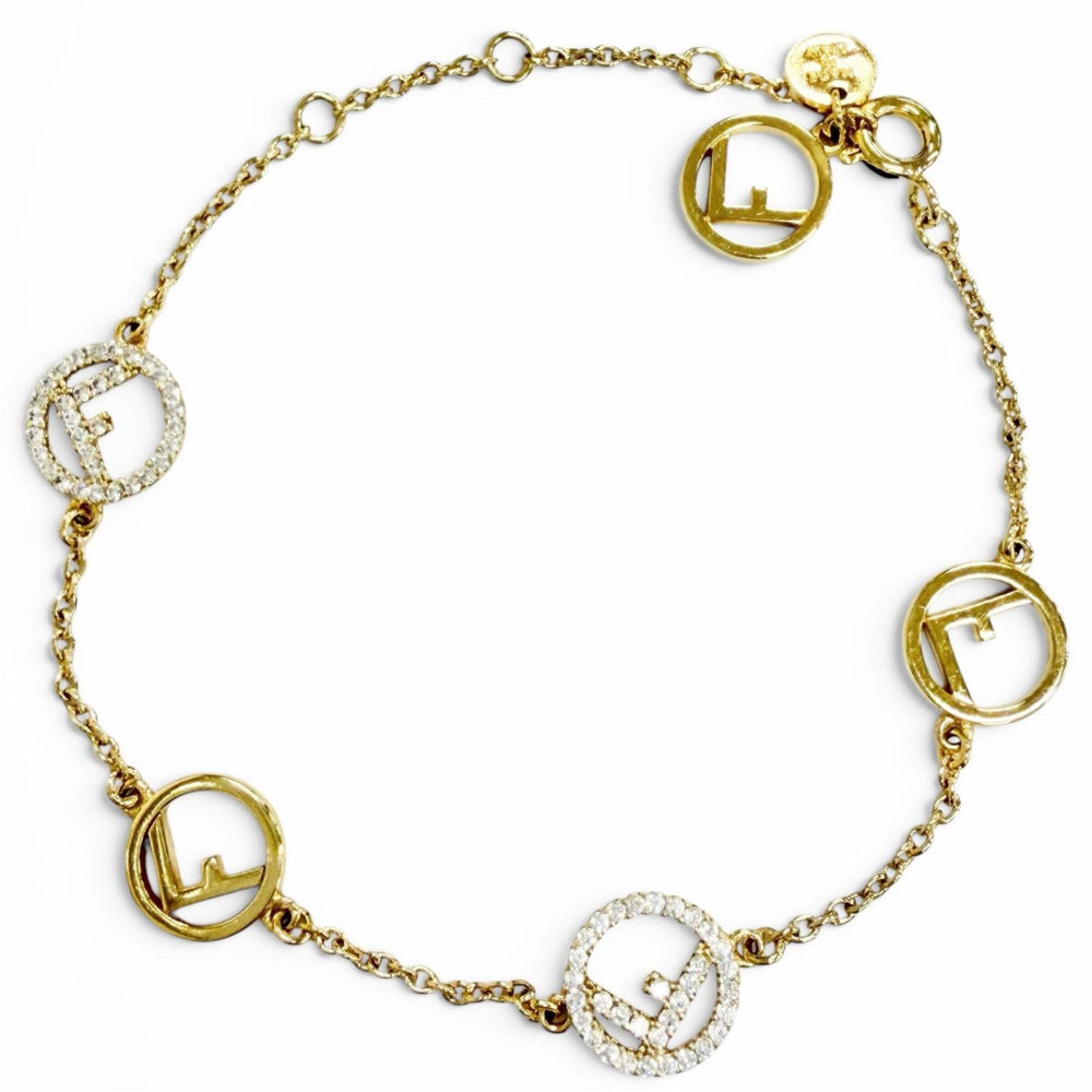 FENDI 8AG761 F is Fendi Bracelet, Logo Plate, Rhinestones, Gold, Made in Italy, Women's, with Box — Like New