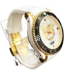 Gucci Dive Mystic Cat watch, total weight 108g, stainless steel, rubber strap, quartz movement, white and gold dial, 136.3 — Good