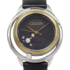 Citizen B036 S112052 Women's Watch, Black Dial, 3 Hands, 5 Diamonds, Stainless Steel, Leather Strap, Eco-Drive, Approx. 32mm — Very Good