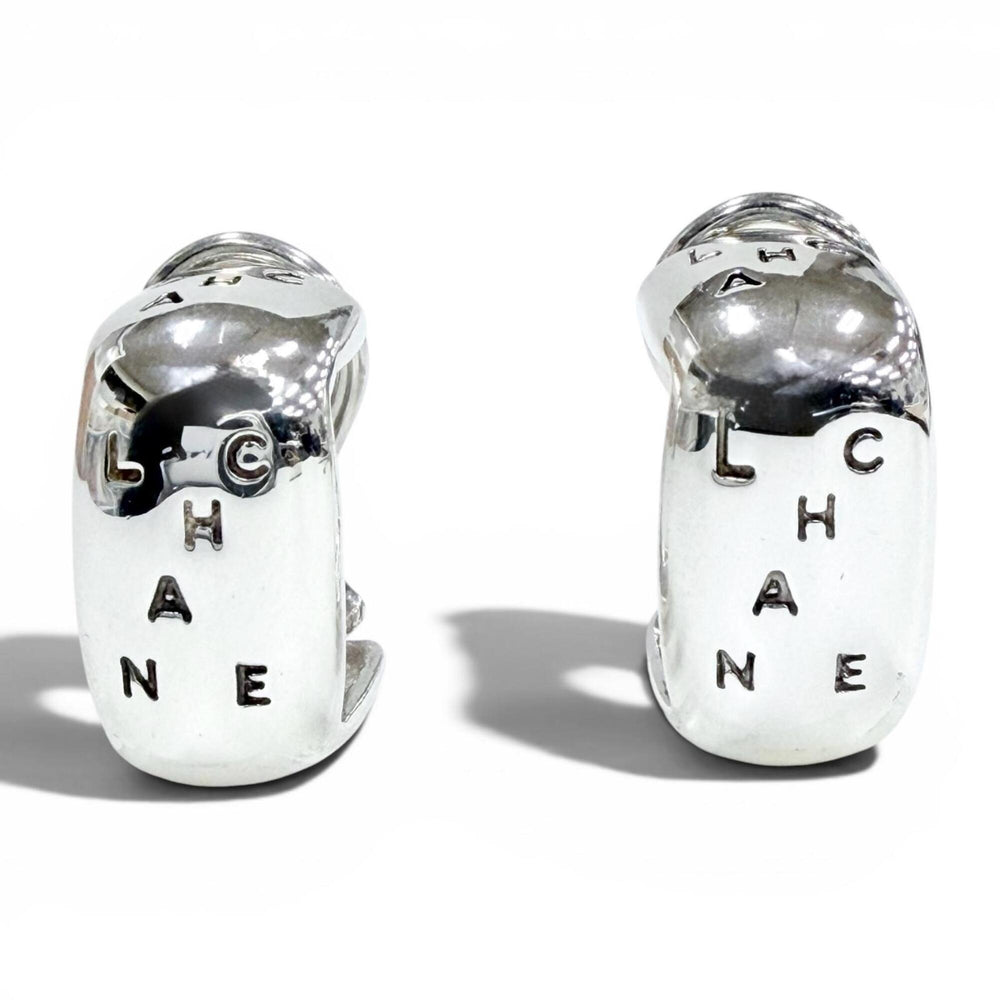 CHANEL Vintage 925 Sterling Silver Clip-On Earrings (for both ears), Logo Engraved, Weight 12.7g, Women's — Like New