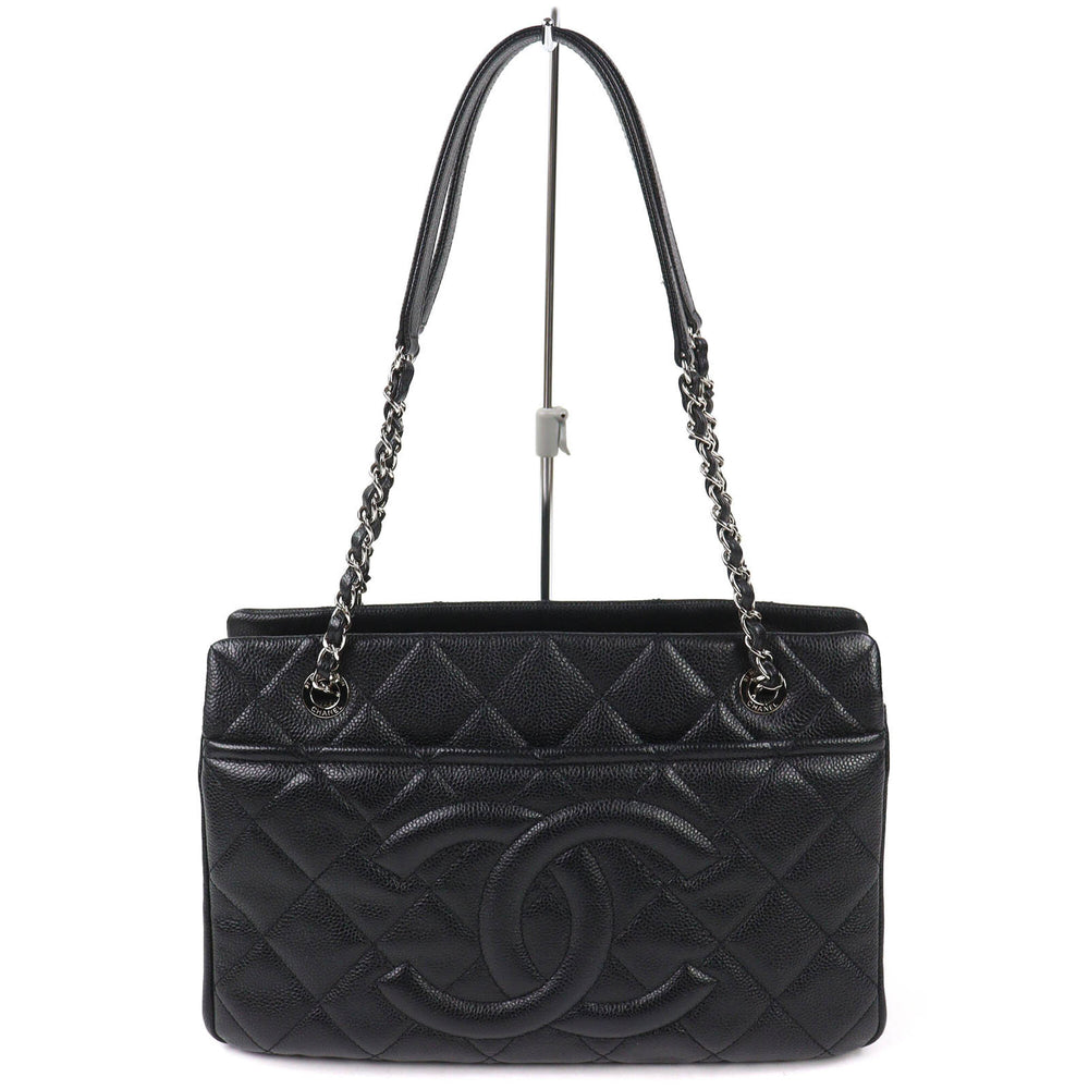 CHANEL A67294 Caviar Skin Coco Mark Matelassé Chain Tote Bag, Black with Silver Hardware, Comes Dust Made in Italy, Women's, Very Popular, Highly Recommended ◎ — Like New