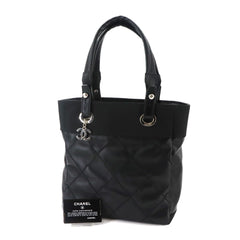 Chanel Paris Biarritz PM Tote Handbag, Nylon and Leather, Black, A34208, Silver Hardware — Like New