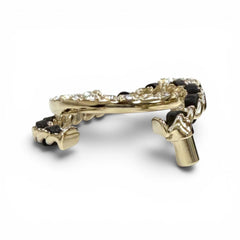 CHANEL A25B Coco Mark Rhinestone Leather Chain Brooch, Gold and Black, Made in France, Women's, with Box Dust Bag — Like New